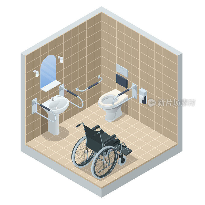 残疾人专用的等距现代厕所。老年人和残疾人的浴室，有扶手和轮椅通道