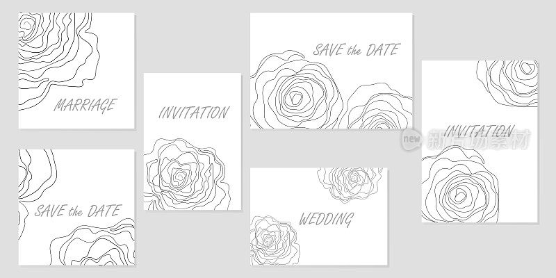 优雅极简模板婚礼邀请卡。花黑线艺术水墨绘画。Vip封面模板，保存日期设计