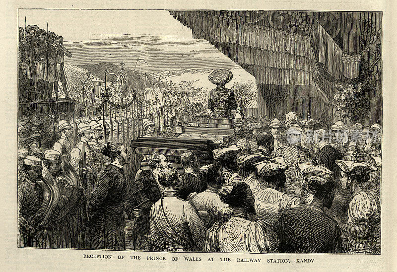威尔士王子，后来的爱德华七世，皇家访问锡兰，在火车站接待，康提，斯里兰卡，1870年代，维多利亚19世纪
