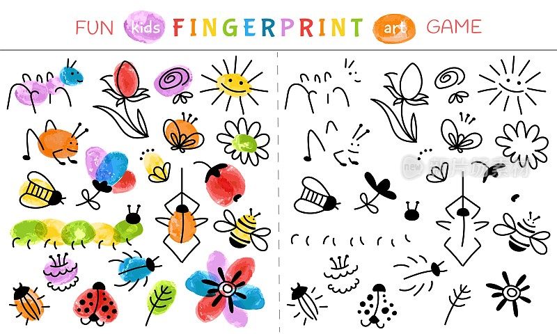 儿童指纹游戏。幼儿园学习彩绘、宝宝彩绘艺术活动。教育画动物和昆虫，幼儿园玩体面矢量模板