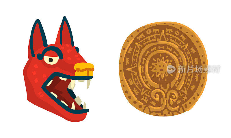 玛雅文明民族符号装饰盘和狼头向量集