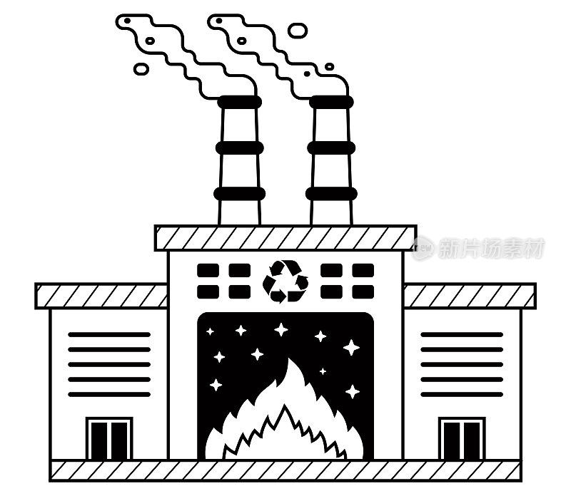 黑色图标与烟斗和烟雾。垃圾焚化厂。平面向量插图。