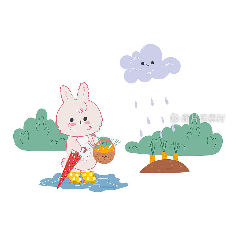 卡哇伊兔子穿着胶靴收割胡萝卜的矢量插图。可爱舒适的秋季概念