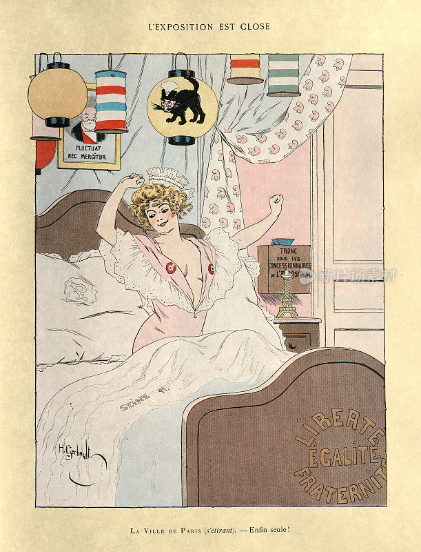 美丽的女人早上醒来，在床上伸展，复古的法国卡通