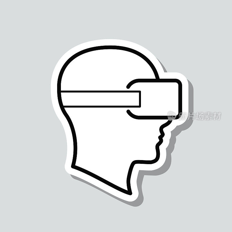 头戴VR虚拟现实头盔。图标贴纸在灰色背景