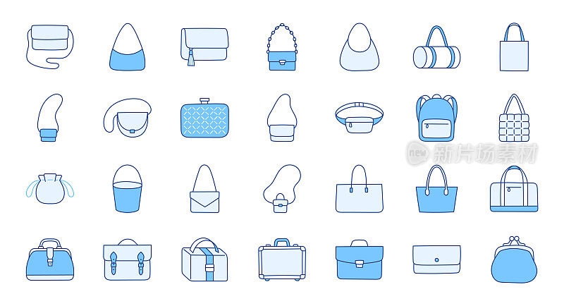 女性包插图包括图标-钱包，手提包，时装手包，商务公文包，背包，皮箱，购物者。关于服装配饰的细线艺术。蓝色，可编辑描边
