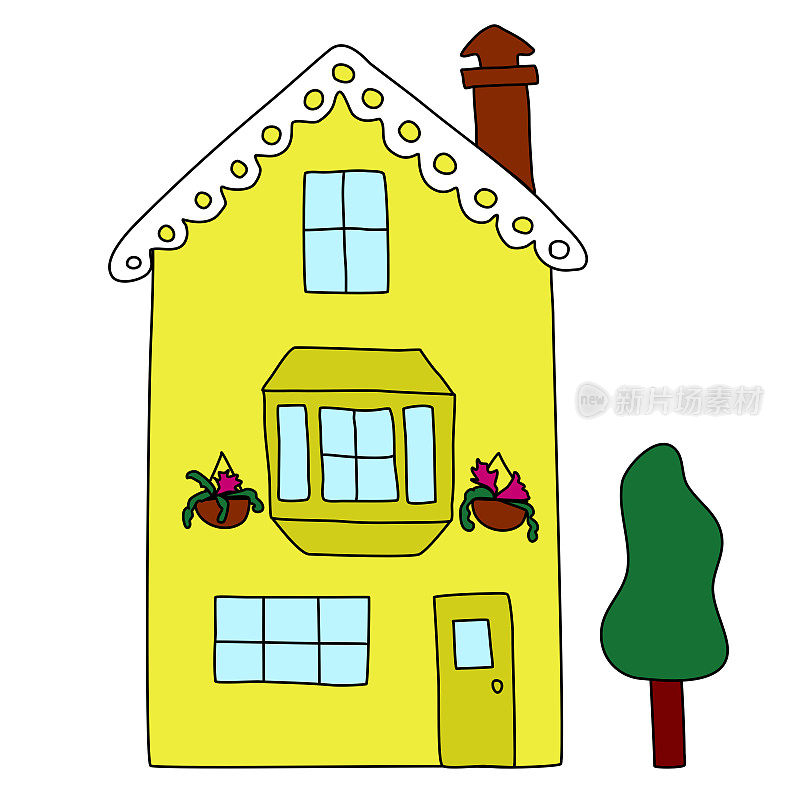 旧风格的黄色房子，有烟囱，装饰在屋顶和花，平面矢量
