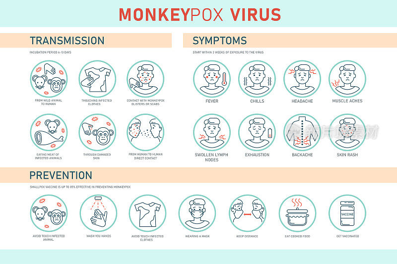猴痘病毒传播、症状和预防的图标信息图。