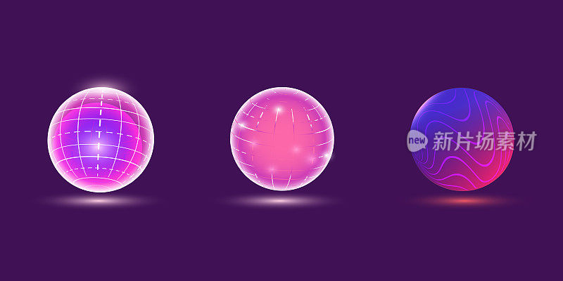 一组三维球体在一个框架，线条发光，亮片，矢量图标。