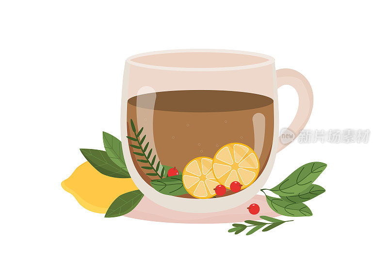 一杯用柠檬、浆果、树叶装饰的红茶。花草茶。热的秋天喝在透明的杯子。卡,海报,邀请。馅饼风格的矢量插图。