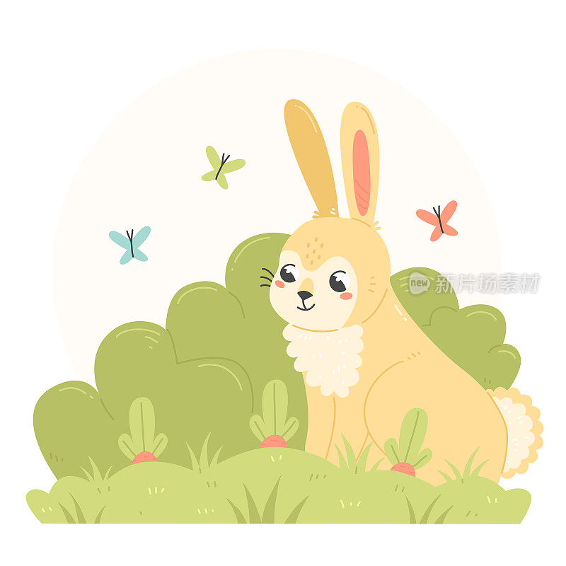 一只兔子坐在一根正在生长的胡萝卜旁边，以卡通的扁平风格。兔子角色种庄稼。春夏插画。