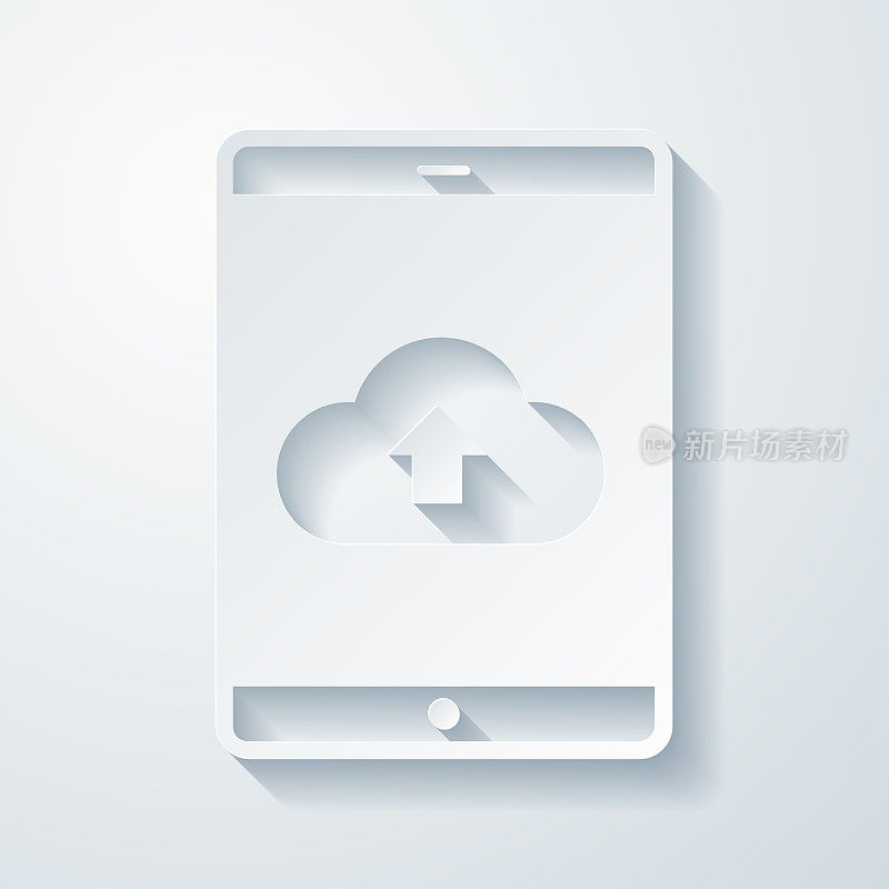 从平板电脑云端上传。空白背景上剪纸效果的图标