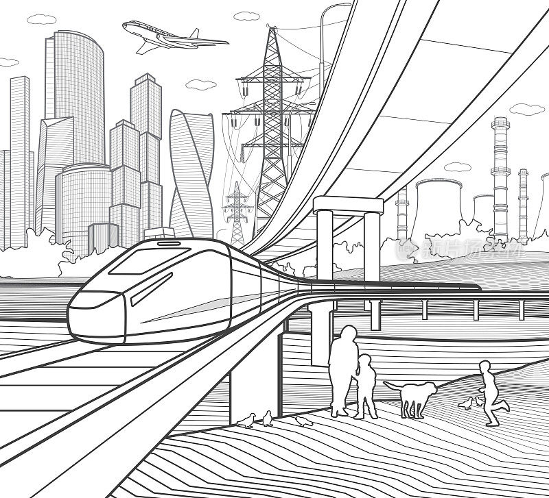 黑色勾勒基础设施城镇插图。火车在桥上行驶。汽车天桥。白色背景下的现代城市，高楼大厦，商业大楼。矢量设计艺术