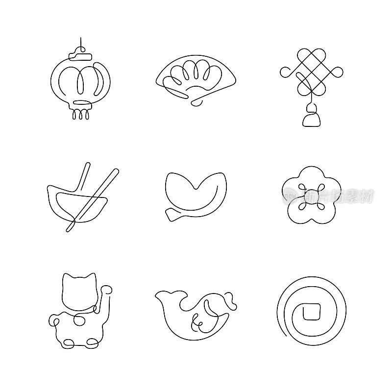 中国传统符号艺术风格连续线条图标