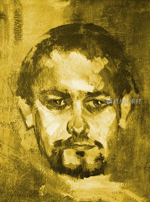 插图油画肖像的一个年轻人的黑发和胡子在深褐色