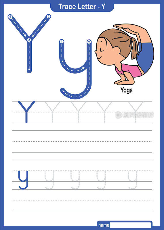 字母追踪字母A到Z学前工作表与字母Y瑜伽专业矢量