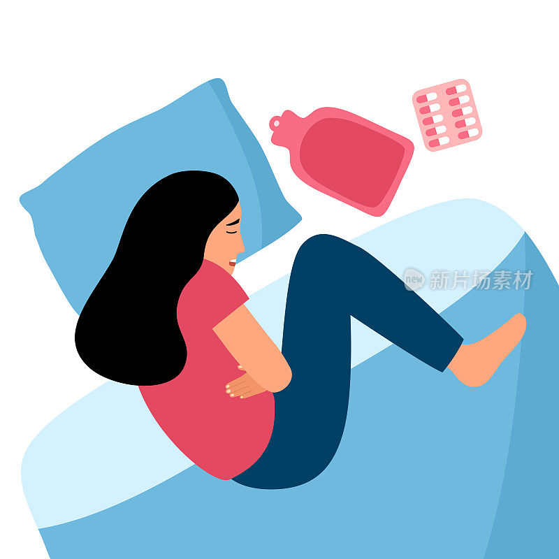 女人躺在床上感觉胃疼的概念矢量插画。扁平设计的经期疼痛或痛经。