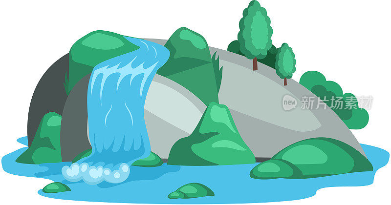 水位下降。河流瀑布从白色背景的悬崖上落下。瀑布溪流