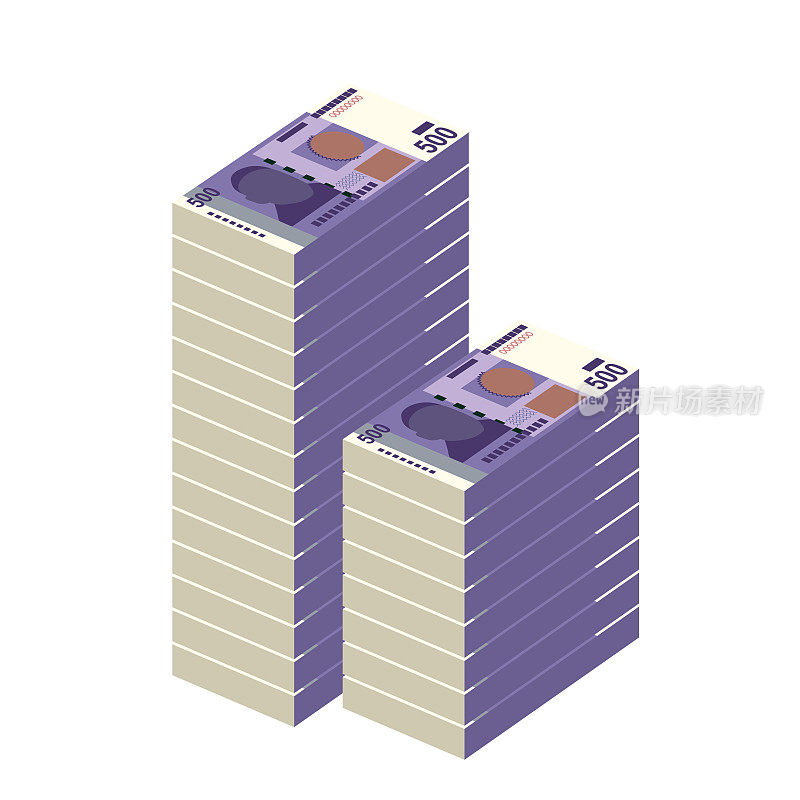 吉尔吉斯som矢量插图。吉尔吉斯斯坦货币套装捆钞。纸币500索姆。平的风格。孤立的白色背景。简约的设计。