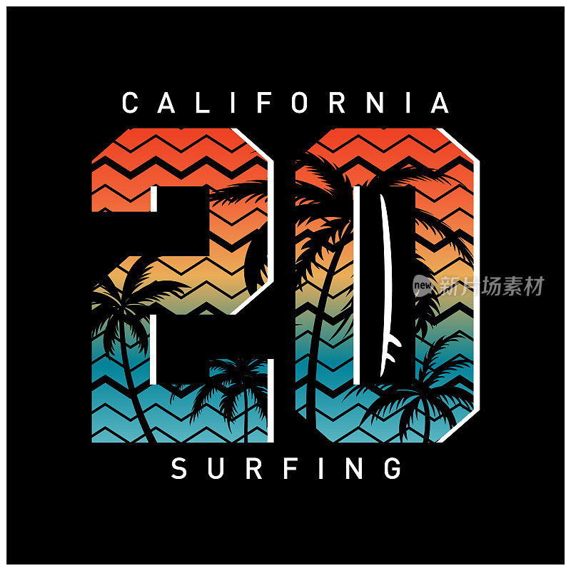 矢量插图的主题冲浪和冲浪在加利福尼亚，圣莫尼卡海滩。运动排版，t恤图形，印刷，海报，横幅，传单，明信片