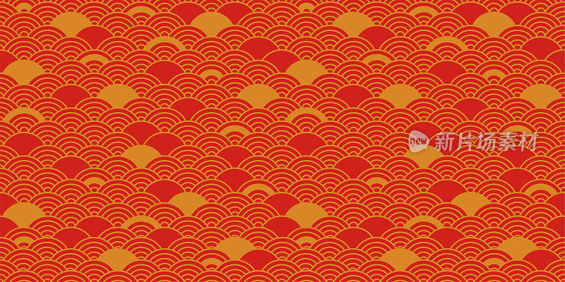 中式无缝图案，日式矢量背景，红色东方新年质感，金色波浪装饰。复古的风格