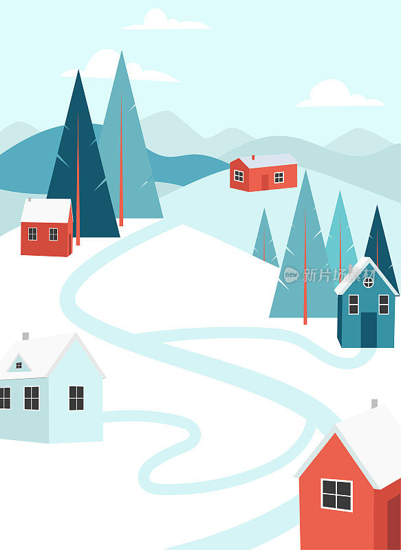 冬天的户外景观有雪，舒适的房子和松树，小hygge村庄
