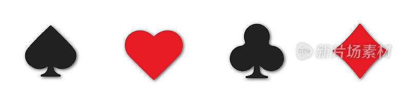 集合赌博标志符号的扑克牌套装和筹码为扑克和赌场。红心，梅花，方块和黑桃在一个孤立的白色背景上。