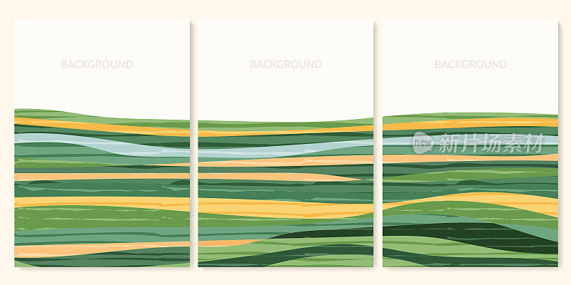 绿色农场农业领域模板。农业设计矢量布局。抽象的生态海报。生态学背景的收集。生态乡村，山形，有机农田装饰套装，自然艺术