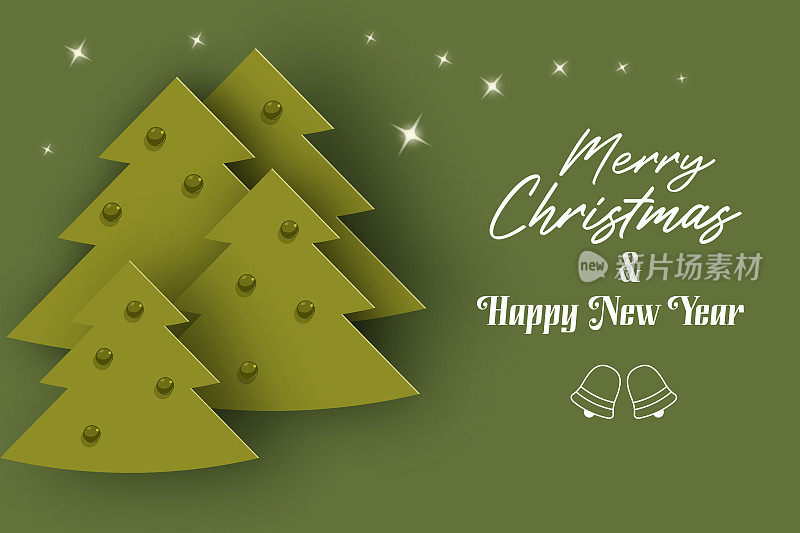 绿色的圣诞树与剪纸风格和闪闪发光的星星贺卡绿色背景