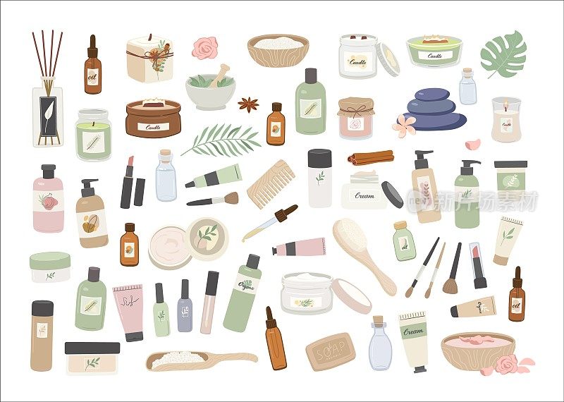 集天然化妆品，香薰蜡烛，美容和水疗配件矢量插图。皮肤和头发护理用品