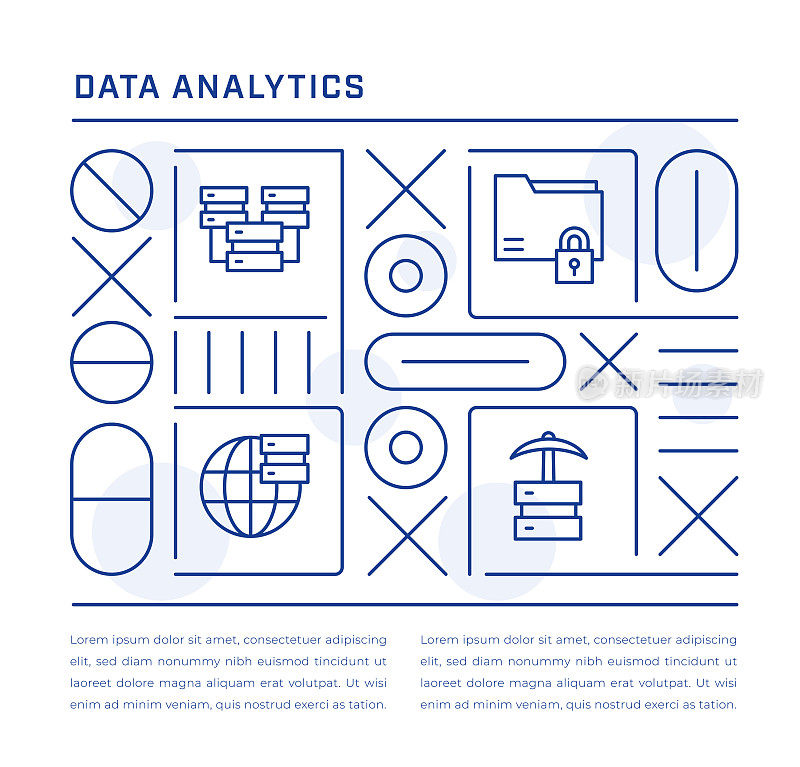 数据分析网页横幅设计与数据中心，数据安全，大数据，数据挖掘线图标