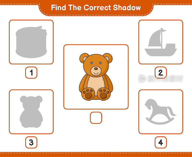 找到正确的阴影。找到并匹配正确的泰迪熊的影子。教育儿童游戏，可打印的工作表，矢量插图