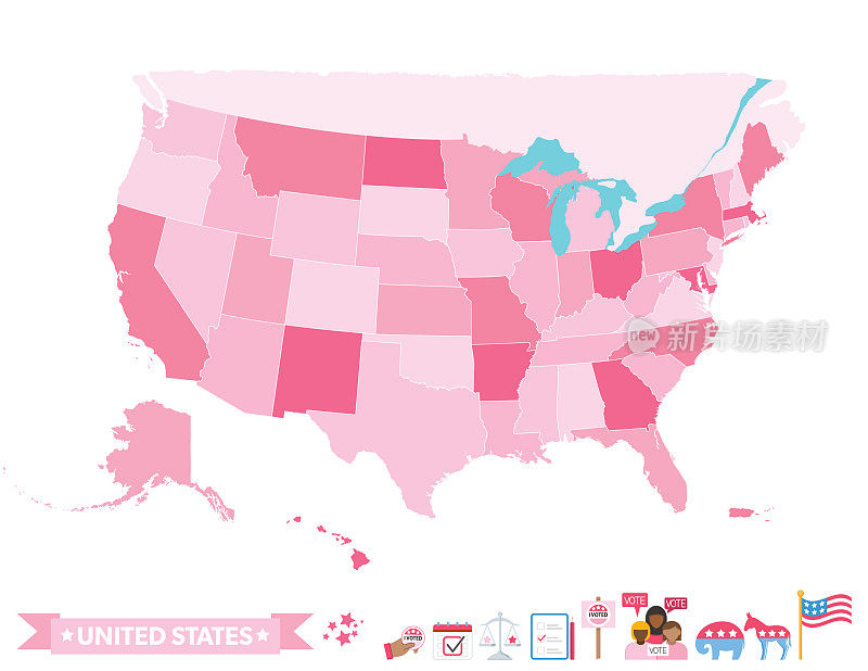 透明背景上粉红色阴影的美国地图