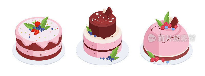 等距浆果蛋糕。美味的香草糕点甜点与粉红色浆果糖霜，覆盆子或草莓釉蛋糕3d矢量插图