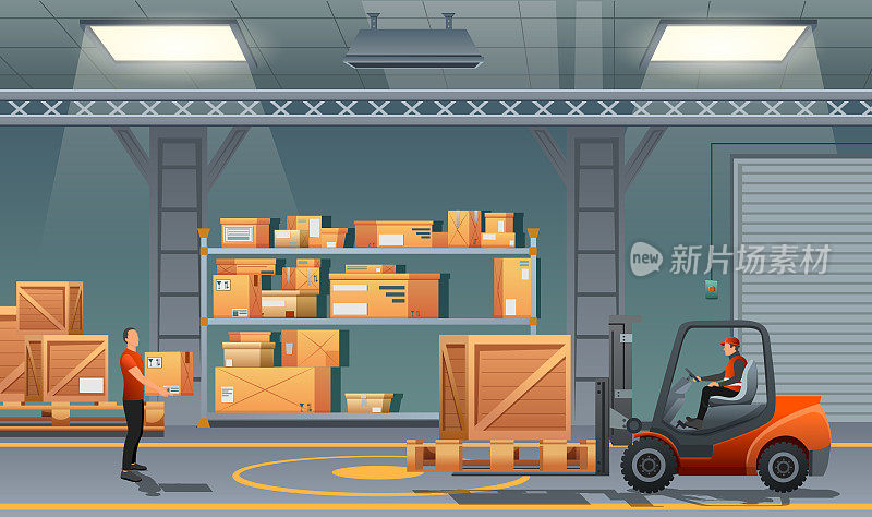 仓库内部，金属货架，货架的背景。人们在室内储藏。工人驾驶叉车、装载机装卸、运输木箱。男人手里拿着纸盒。矢量图