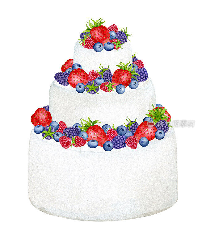 用草莓、覆盆子、蓝莓装饰的蛋糕。水彩节日剪纸贺卡，邀请，菜单，标志，织物印花。婚礼、生日、周年纪念设计。