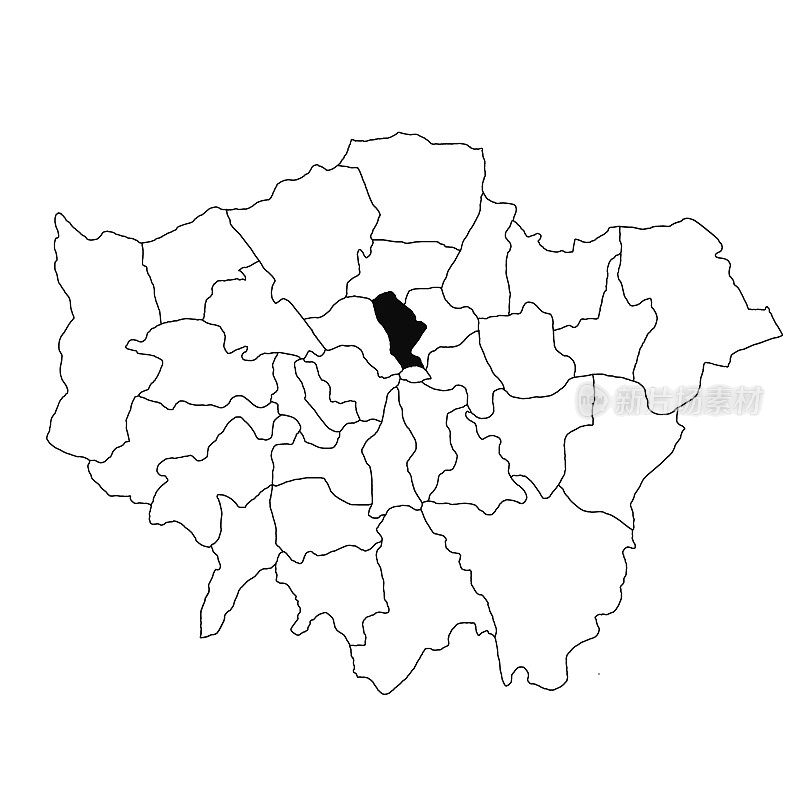 大伦敦省伊斯灵顿地图，白色背景。英格兰大伦敦行政地图上以黑色突出显示的单个郡地图。