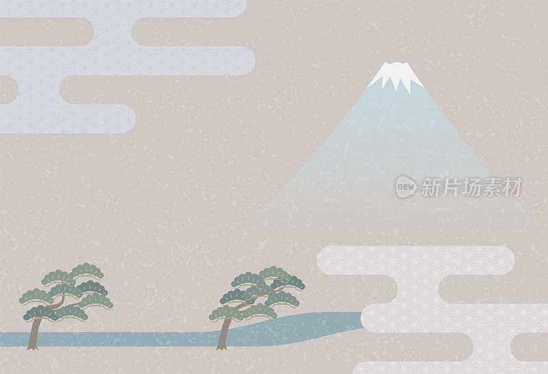 背景插图为日本的富士山、松树和雾霾