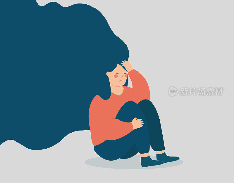 精疲力竭的女人无法摆脱抑郁、压力、消极的思想。心理健康疾病或心理问题的概念。