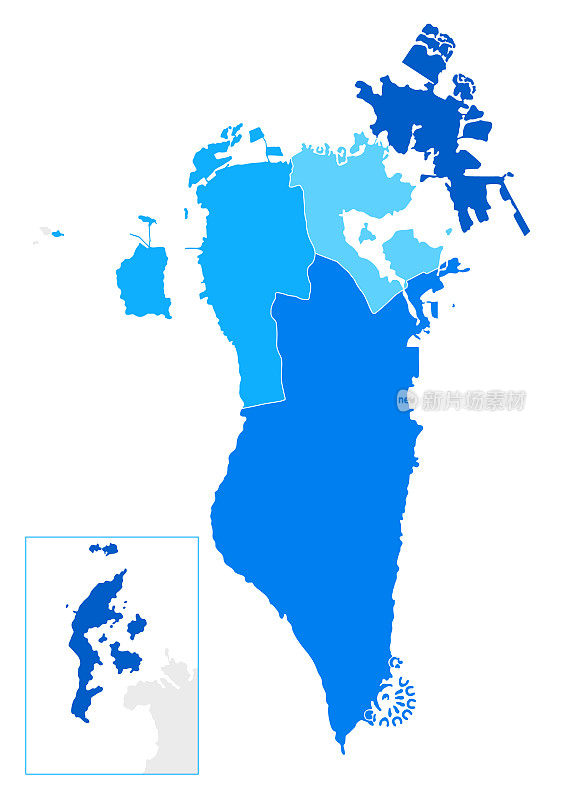 高度详细的巴林蓝色地图与区域和国家边界