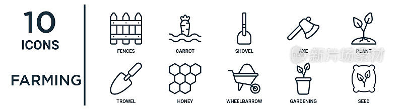 农业大纲图标集包括细线围栏，铲子，植物，蜂蜜，园艺，种子，铲子图标的报告，演示，图表，网页设计