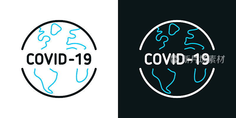COVID-19在地球上。黑色或白色背景上的双色线条图标-可编辑笔触