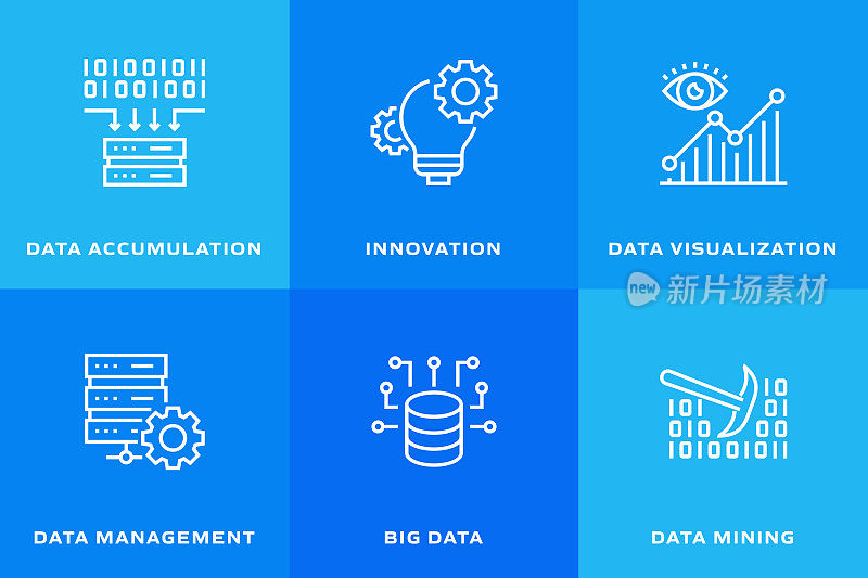 数据分析相关的矢量细线图标。轮廓符号集合