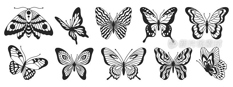 蝴蝶第二套黑白相间的翅膀在波浪线和有机形状的风格。Y2k美学，纹身轮廓，手绘贴纸。矢量图形在时尚的复古2000年代的风格