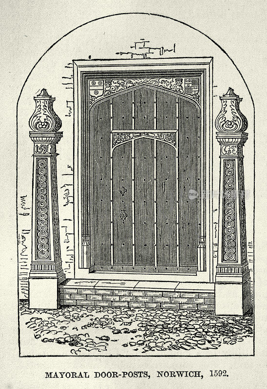 1592年英格兰诺维奇市长门柱的古插图
