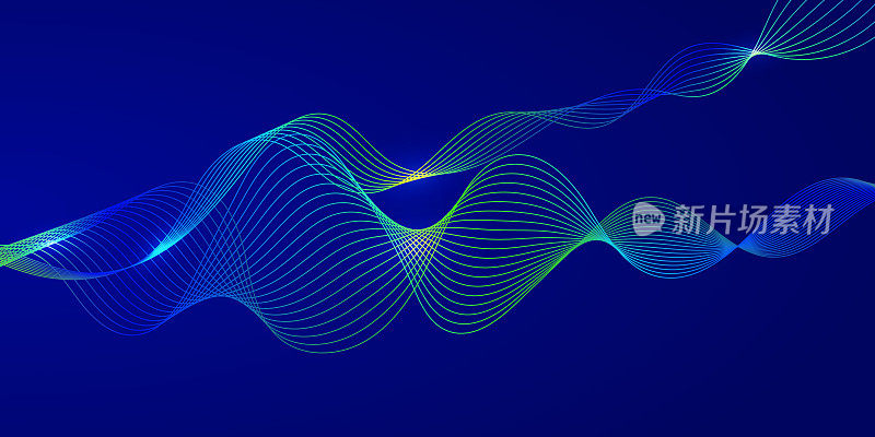 深蓝色抽象背景上的动态蓝色粒子波。抽象声音可视化。发光粒子波流的数字结构。