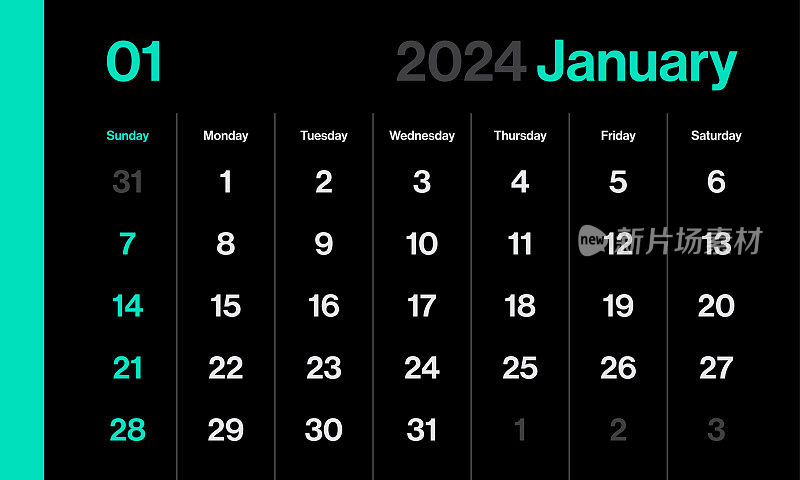 2024年1月-月历。黑暗极简主义风格的景观水平日历2024年。向量模板。一周从周日开始