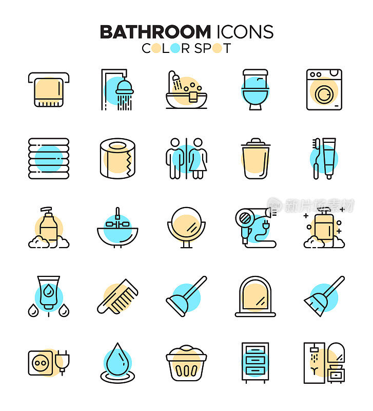 浴缸和浴室-细线矢量色点图标集-像素完美，可编辑的笔触-剃须刀，厕所，衣架，梳子，镜子，香水，水龙头，水槽，肥皂，卫生纸，浴缸