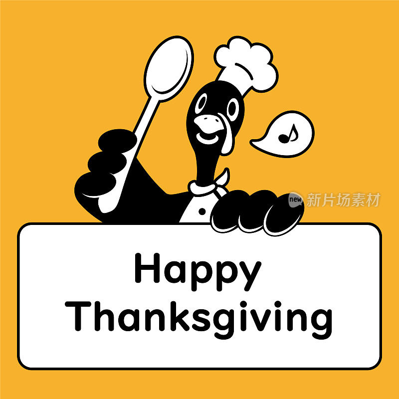 可爱的单色设计，火鸡厨师拿着勺子和感恩节的问候标志
