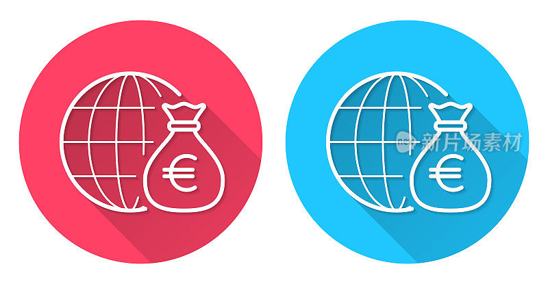 欧元遍布全球。圆形图标与长阴影在红色或蓝色的背景
